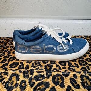 Womans BEBE Denim Sneakers with Rhinestone Logo Size 6